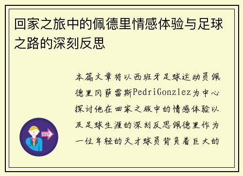 回家之旅中的佩德里情感体验与足球之路的深刻反思